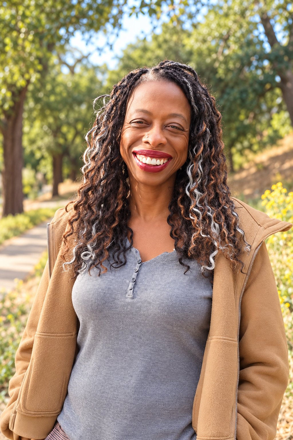 Besem Obenson smiling outdoors, trees and a sunlit path behind her